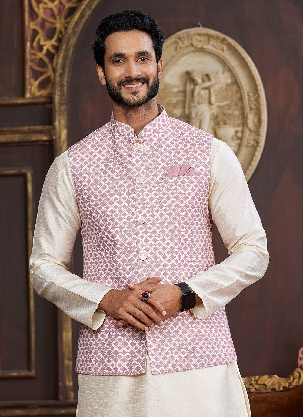 Digital Print Art Silk Beige Kurta Payjama With Jacket - M8725