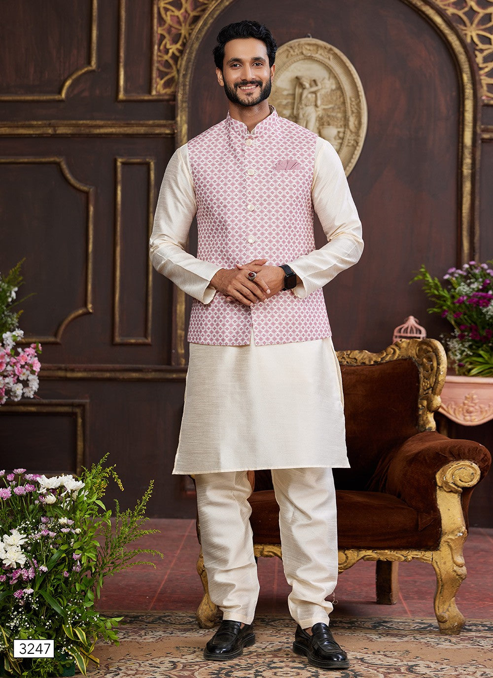 Digital Print Art Silk Beige Kurta Payjama With Jacket - M8725