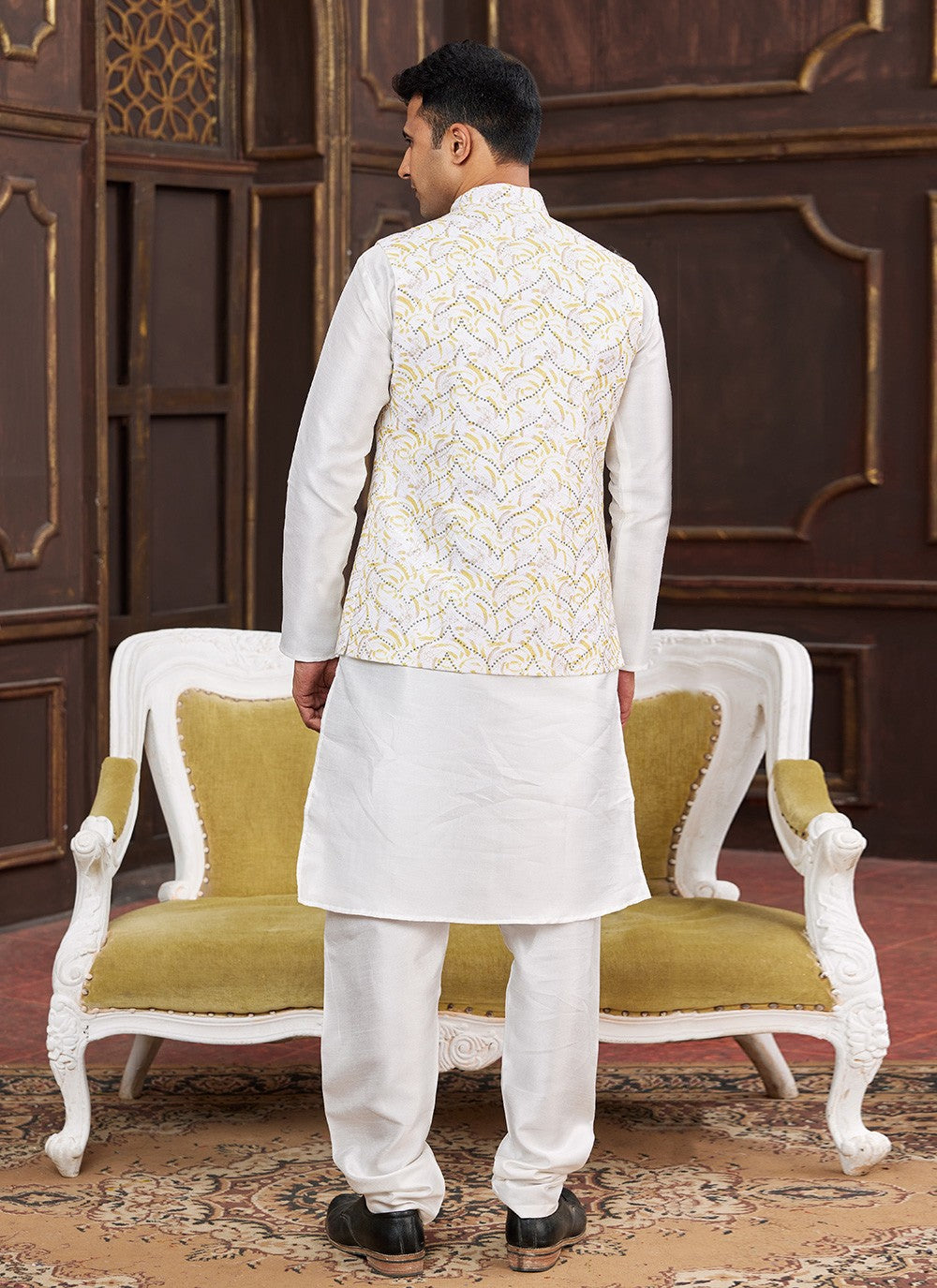 Digital Print Art Silk Cream, Yellow Kurta Payjama With Jacket - M8730