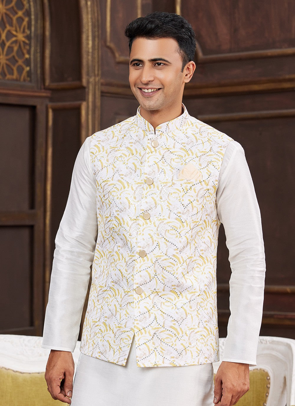 Digital Print Art Silk Cream, Yellow Kurta Payjama With Jacket - M8730