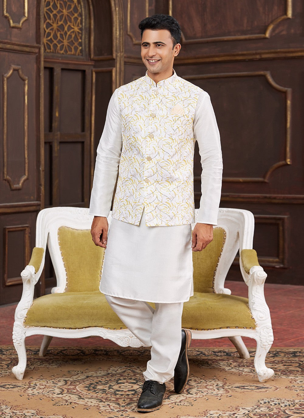 Digital Print Art Silk Cream, Yellow Kurta Payjama With Jacket - M8730