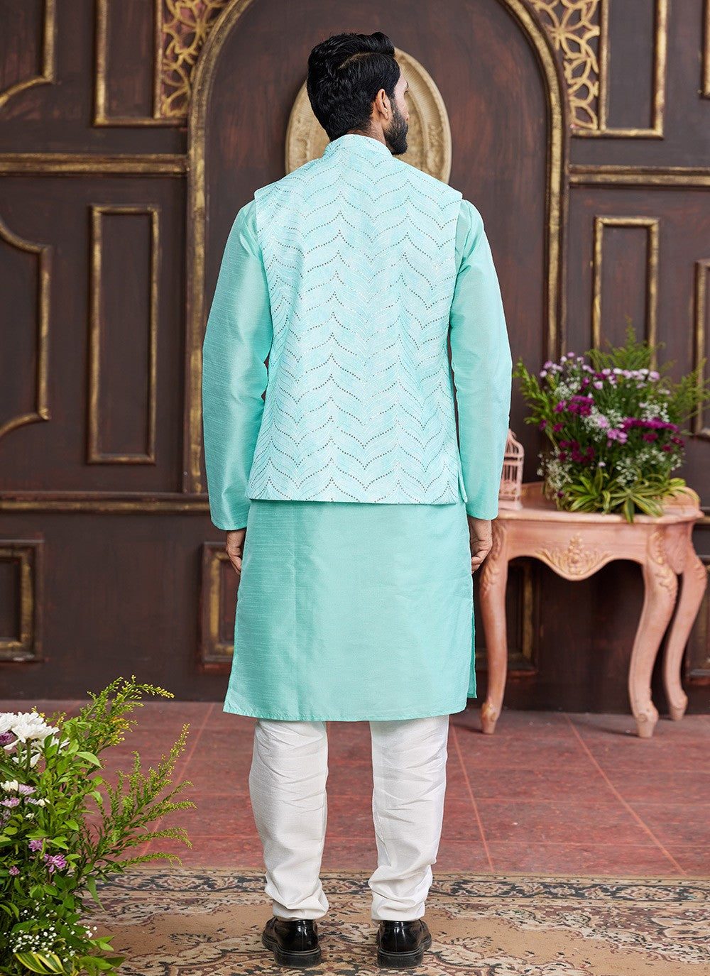 Digital Print Art Silk Firozi, Green Kurta Payjama With Jacket - M8731