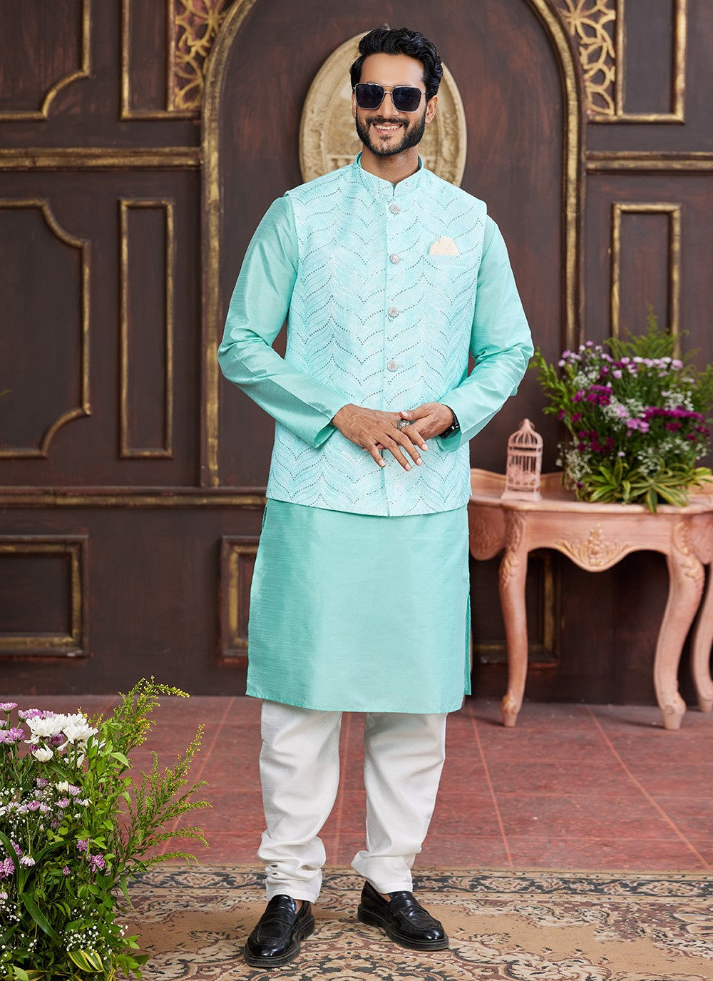 Digital Print Art Silk Firozi, Green Kurta Payjama With Jacket - M8731