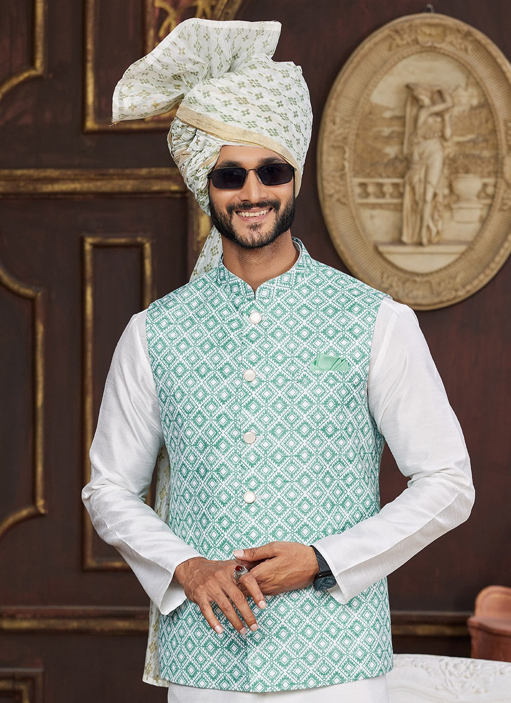 Digital Print Art Silk Green, Off White Kurta Payjama With Jacket - M8727