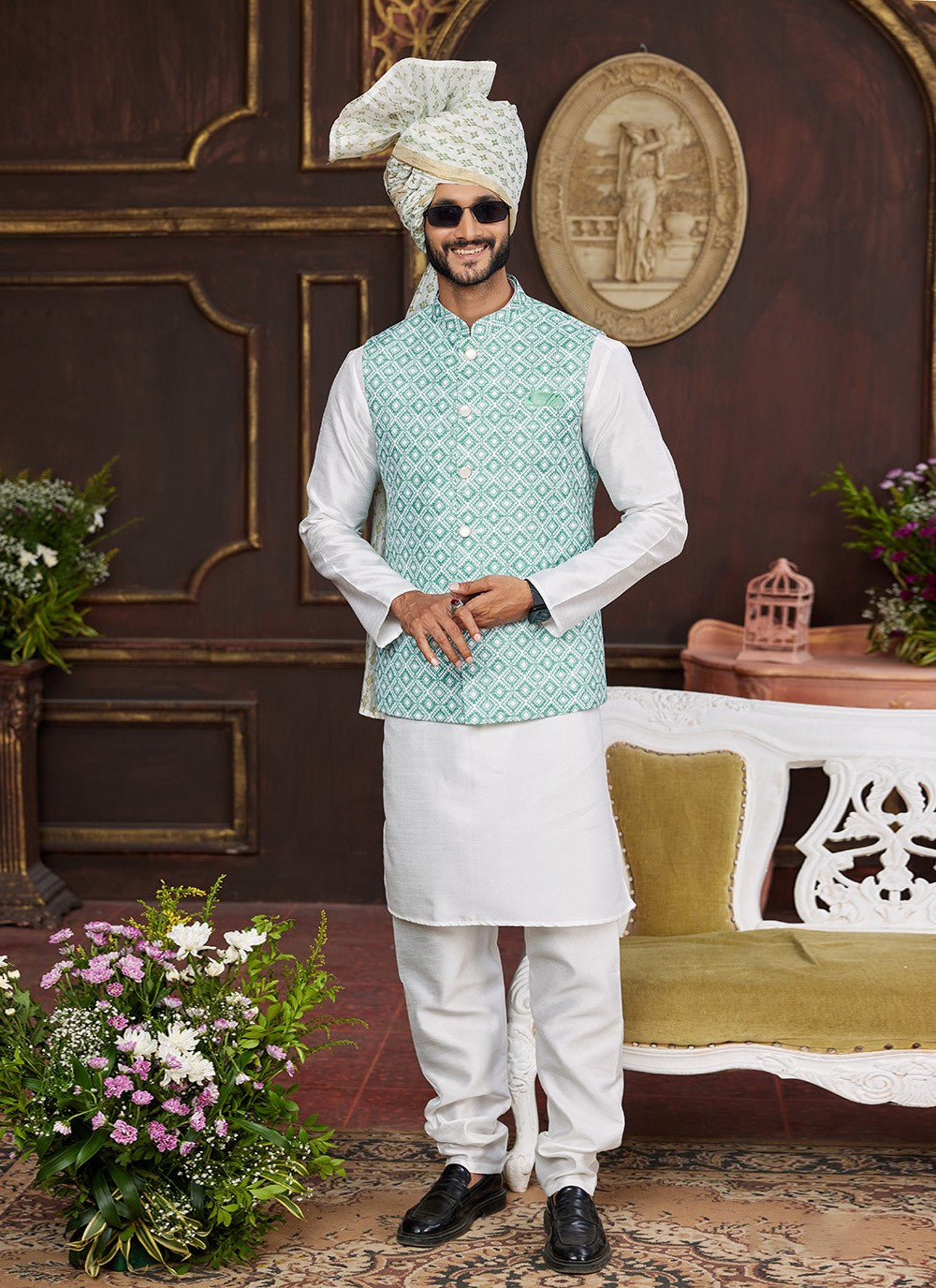 Digital Print Art Silk Green, Off White Kurta Payjama With Jacket - M8727