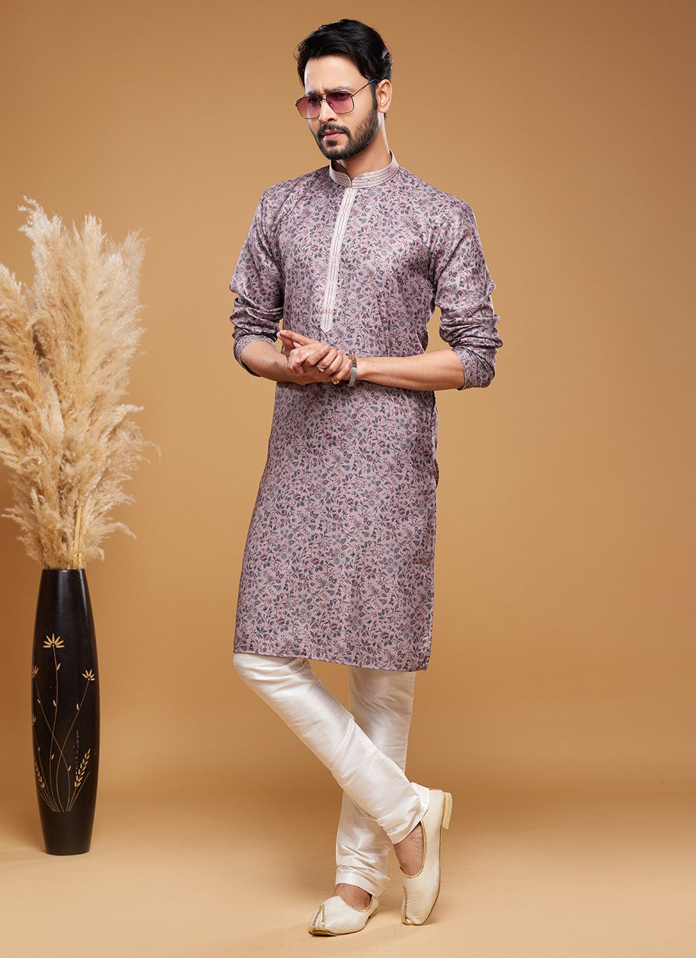 Digital Print Art Silk Mauve Kurta Pyjama - M6042