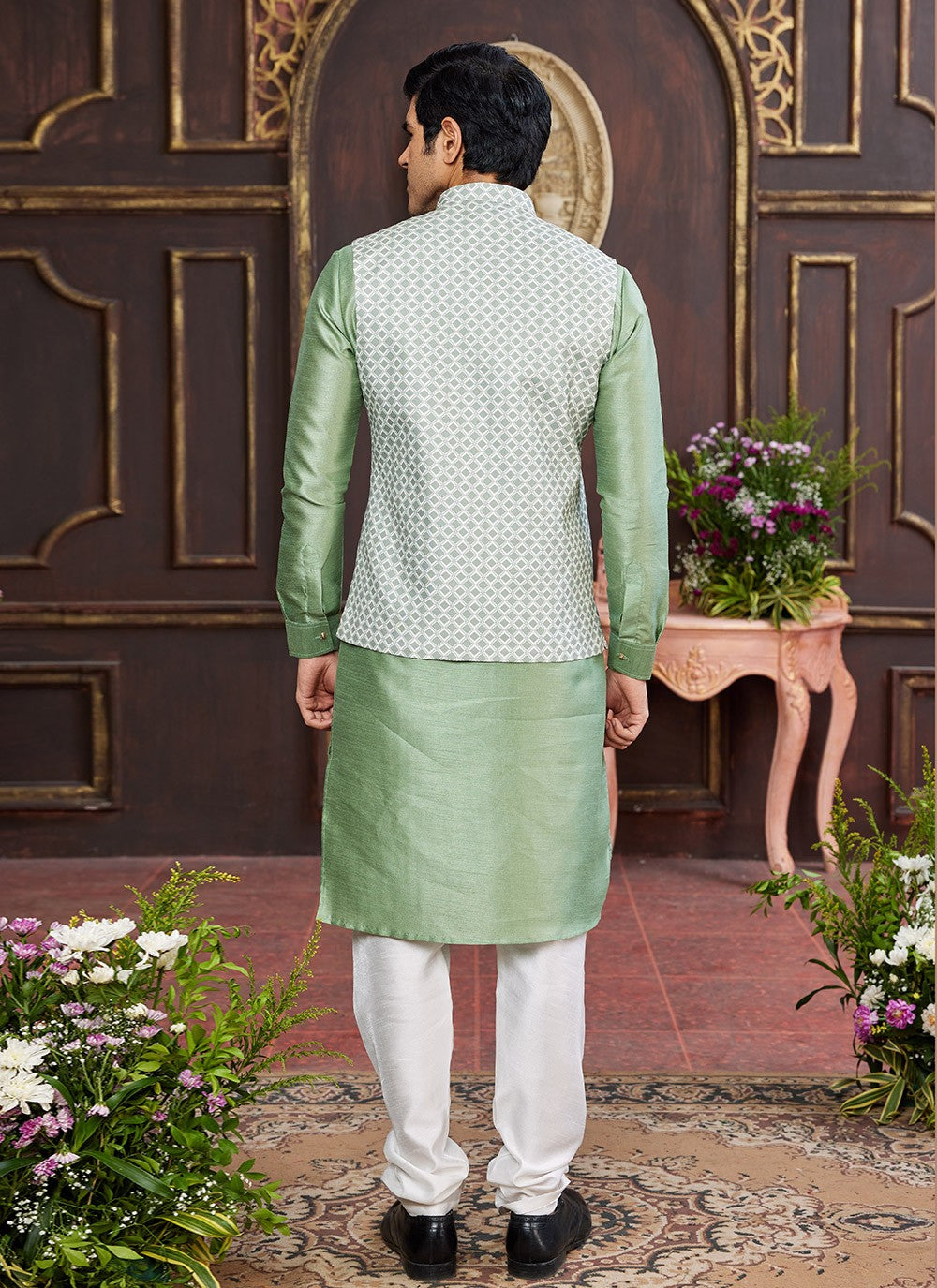 Digital Print Art Silk Sea Green Kurta Payjama With Jacket - M8726