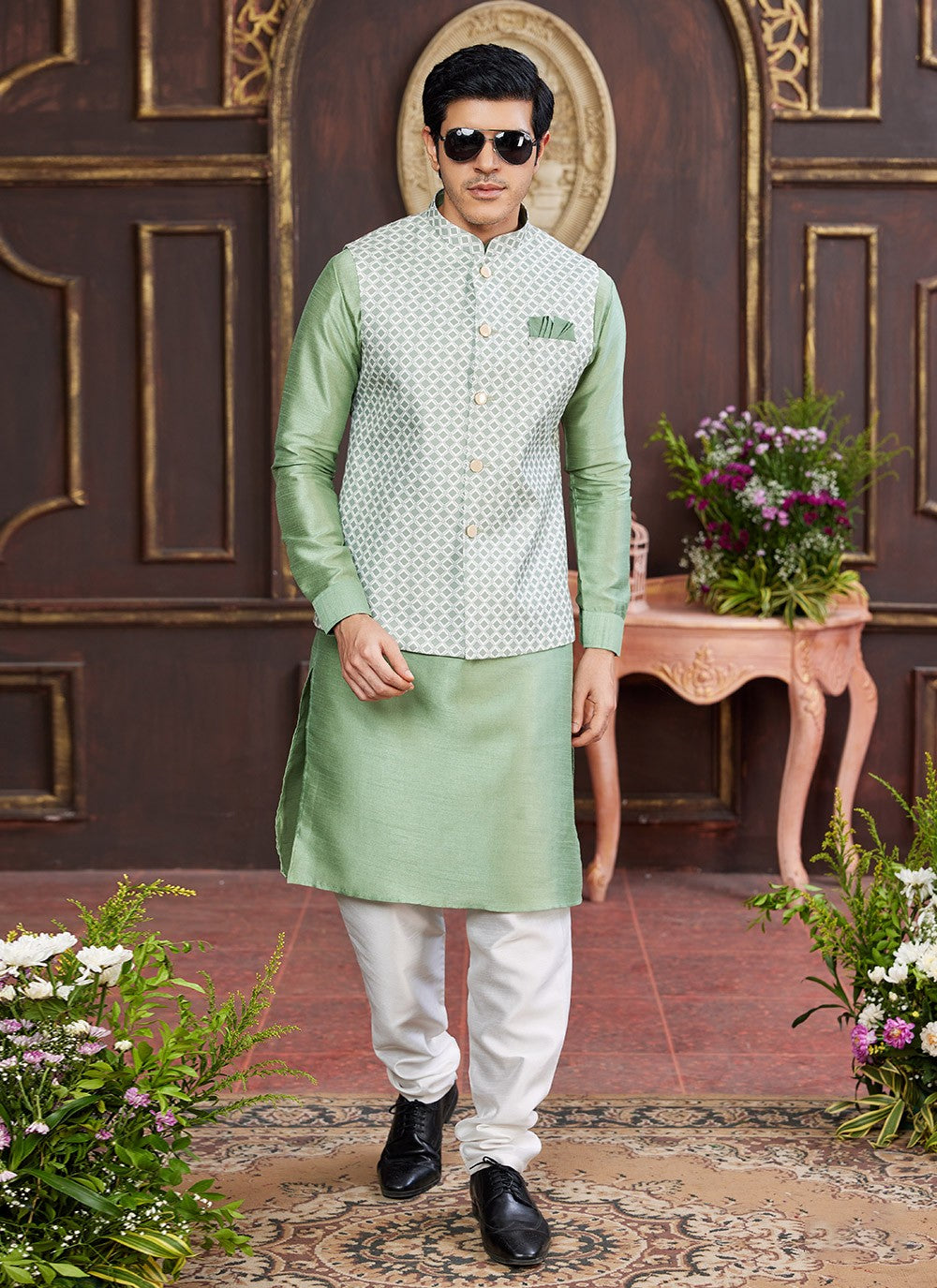 Digital Print Art Silk Sea Green Kurta Payjama With Jacket - M8726