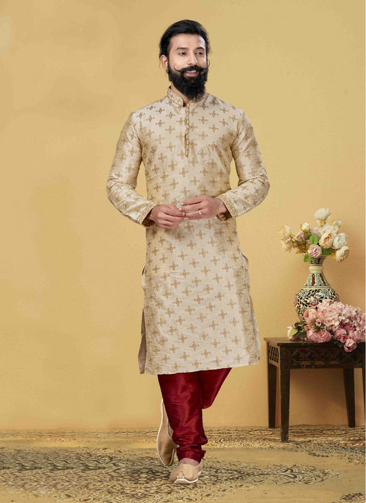 Embroidered Art Silk Beige Kurta Pyjama - M1862