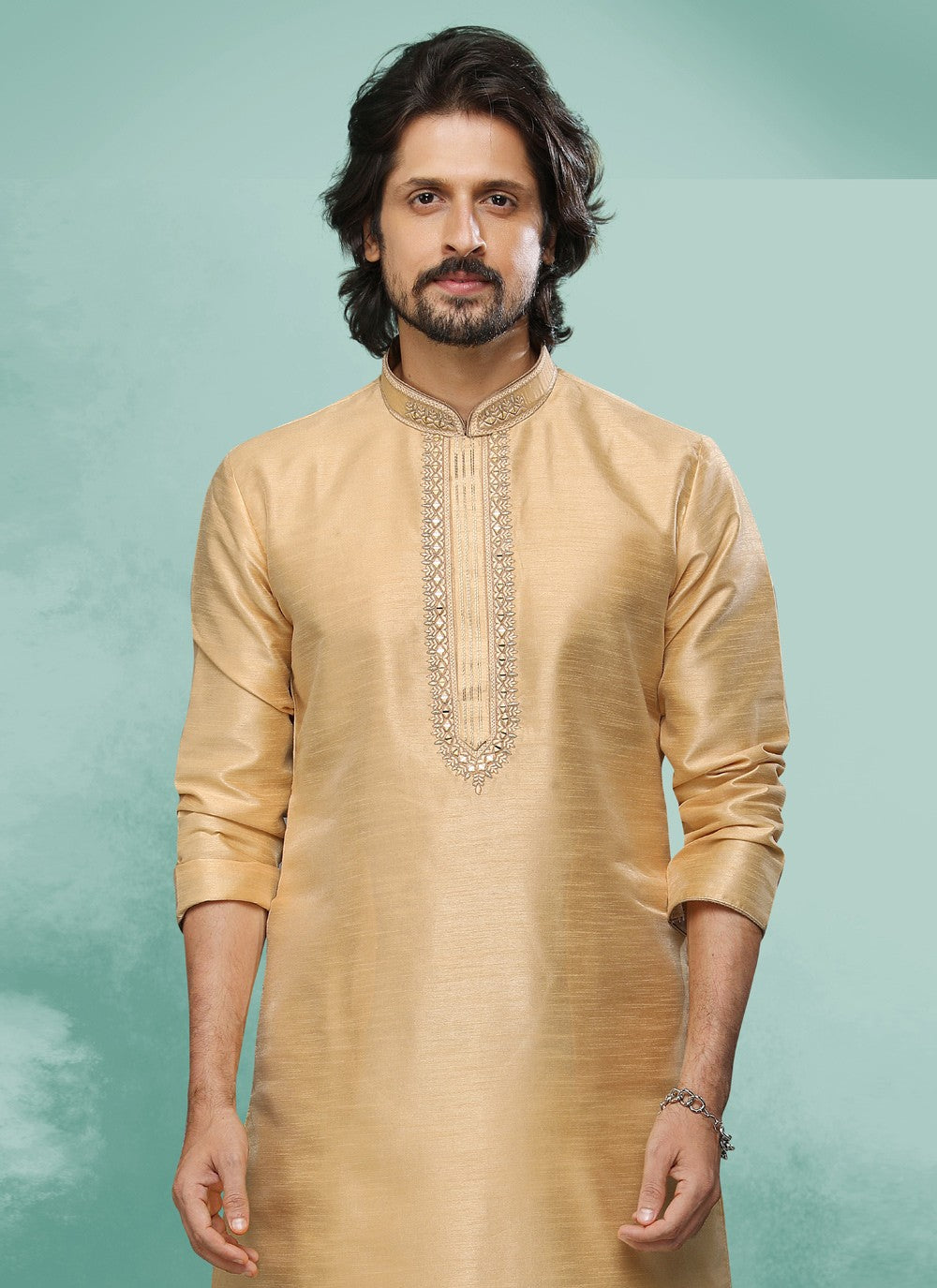 Embroidered Art Silk Beige Kurta Pyjama - M4363