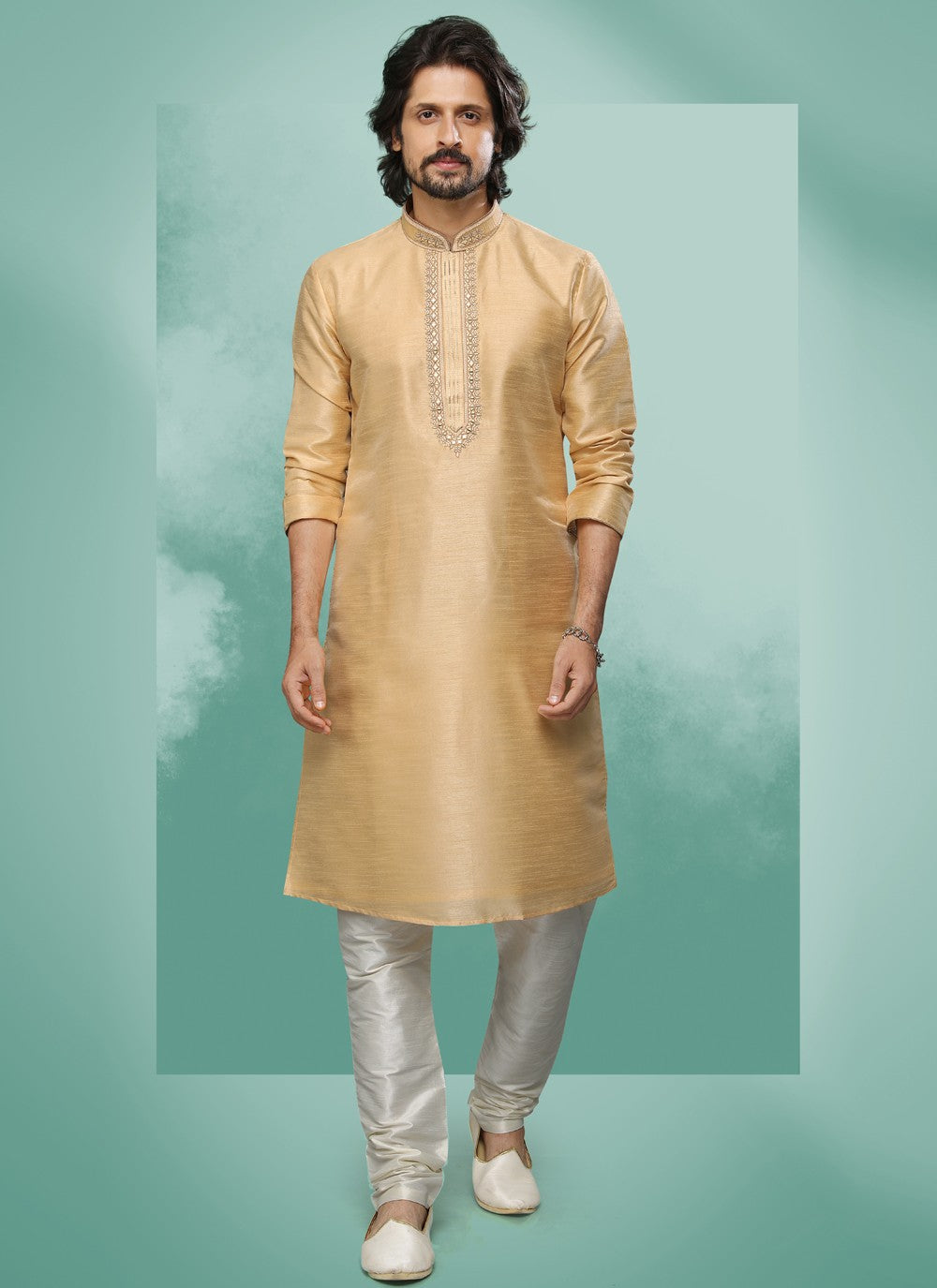 Embroidered Art Silk Beige Kurta Pyjama - M4363