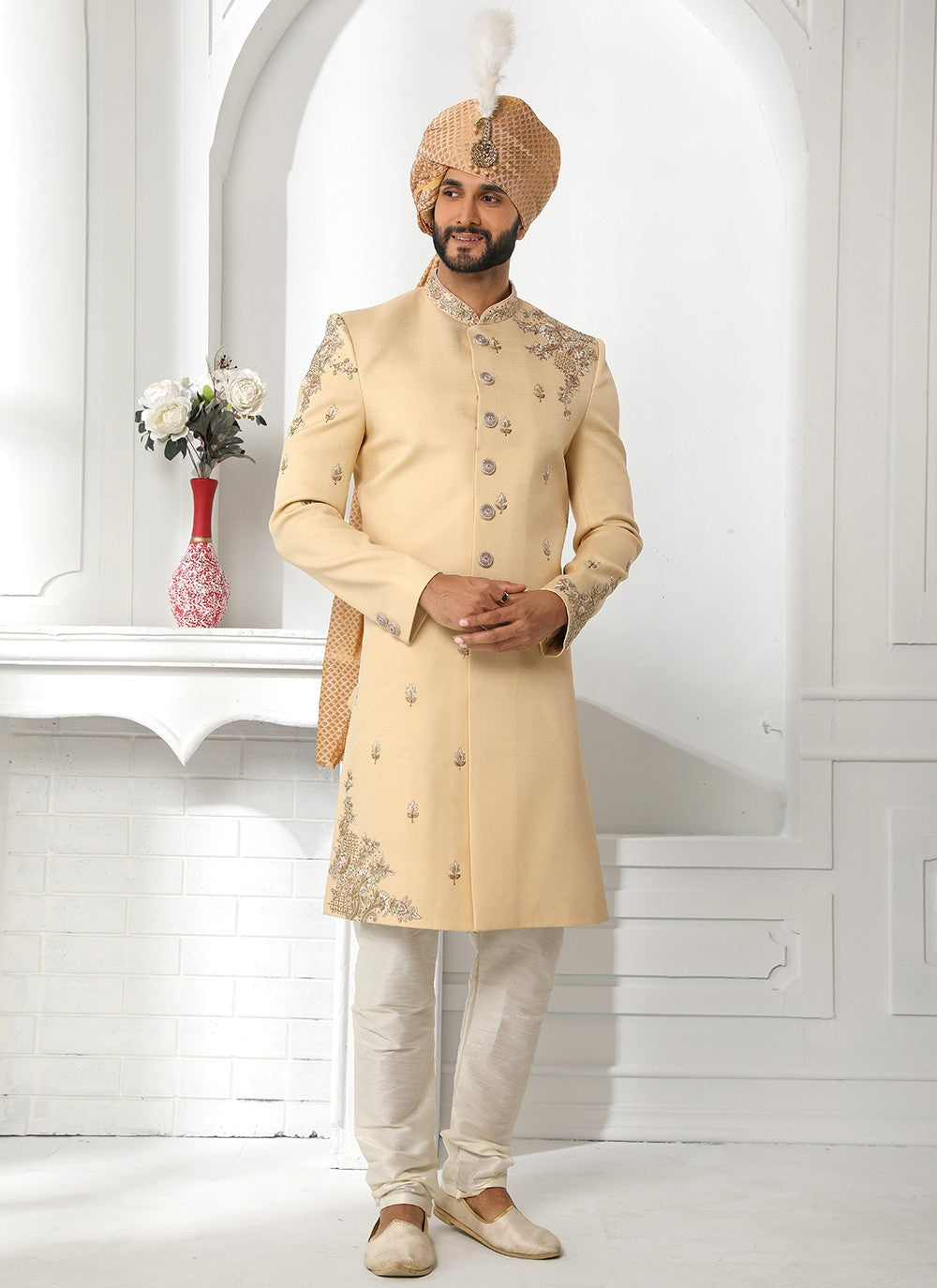 Embroidered Art Silk Beige Sherwani - M4128