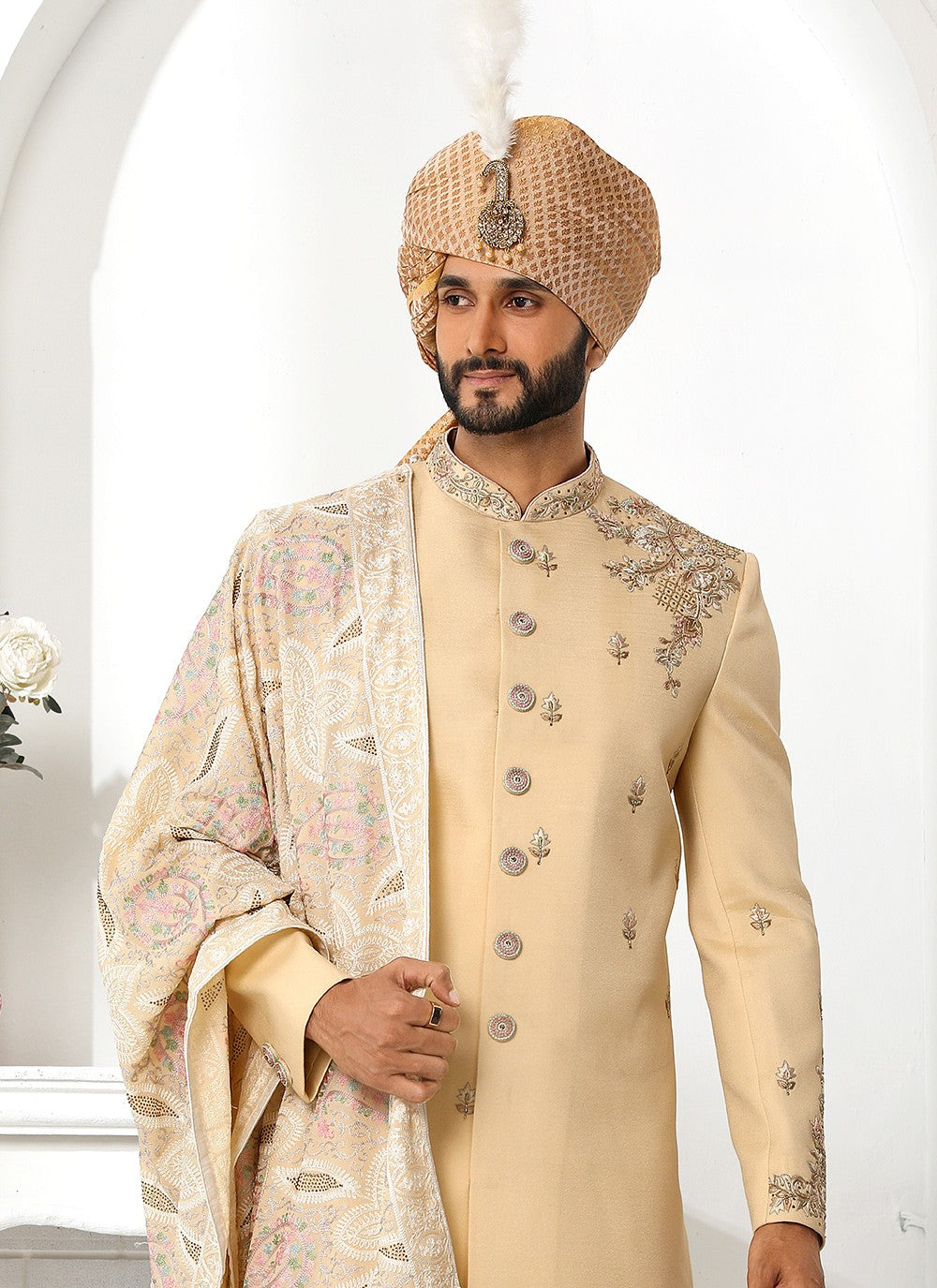 Embroidered Art Silk Beige Sherwani - M4128