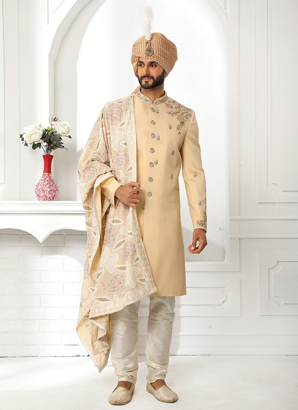 Embroidered Art Silk Beige Sherwani - M4128