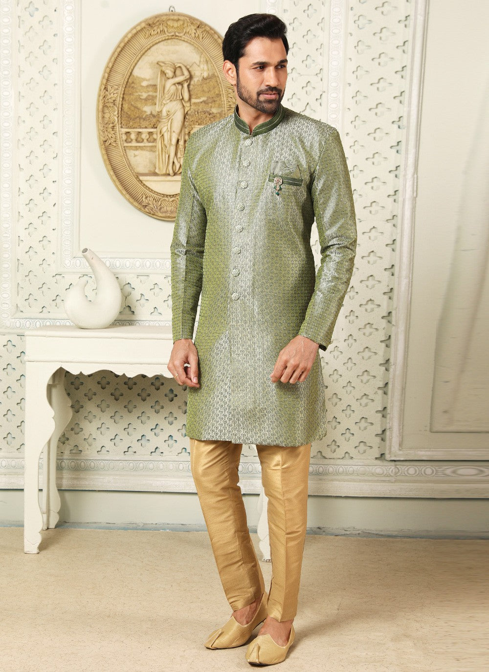 Embroidered Art Silk Green Indo Western - M4431