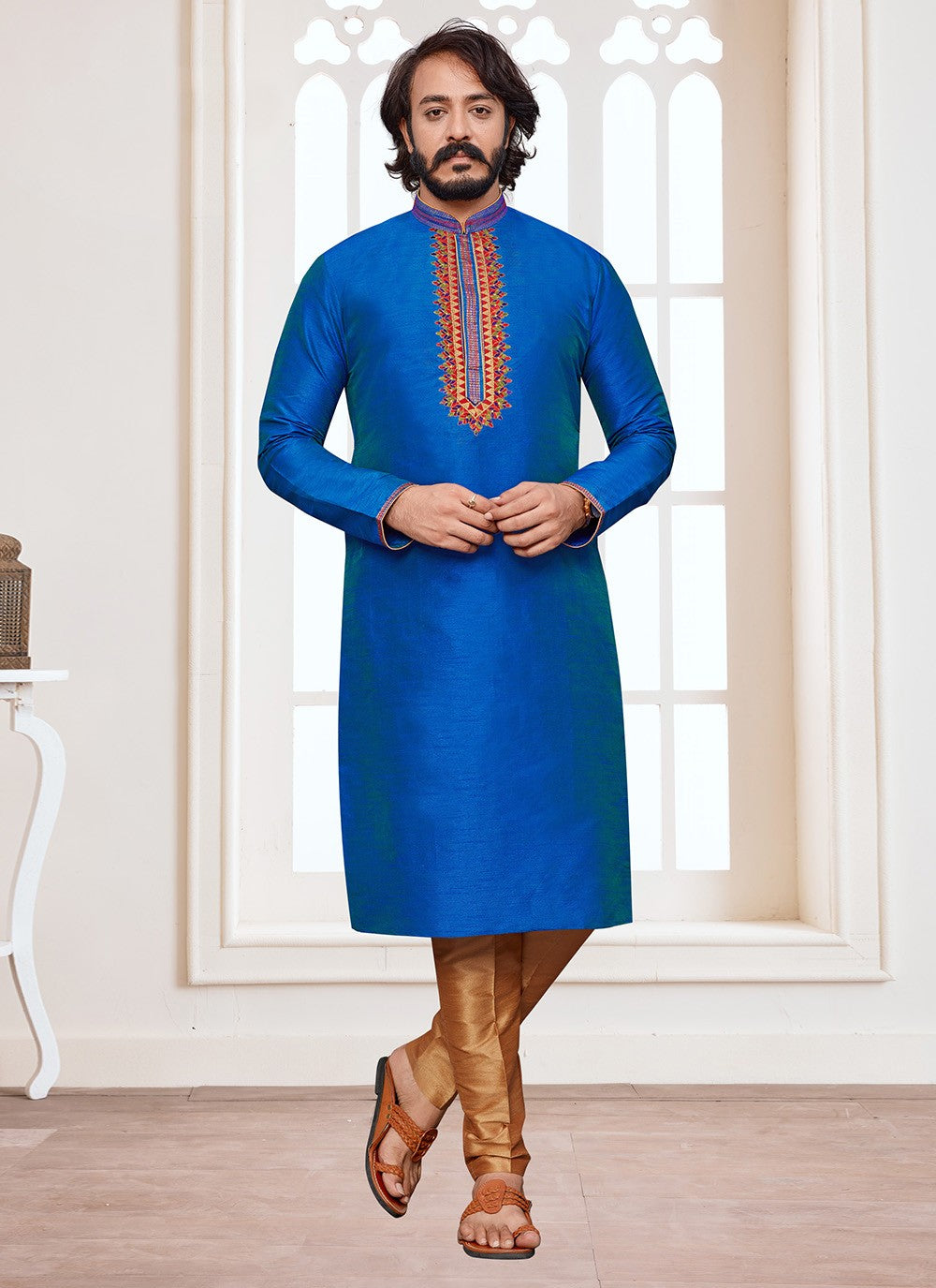 Embroidered Art Silk Blue Kurta Pyjama - M2327