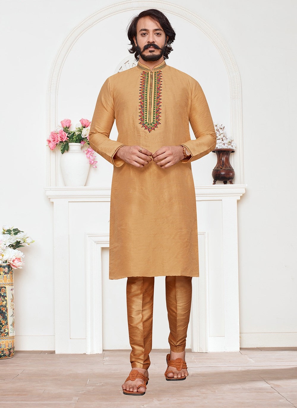 Embroidered Art Silk Cream Kurta Pyjama - M2334