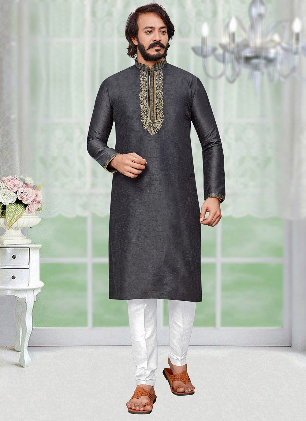 Embroidered Art Silk Grey Kurta Pyjama - M2023