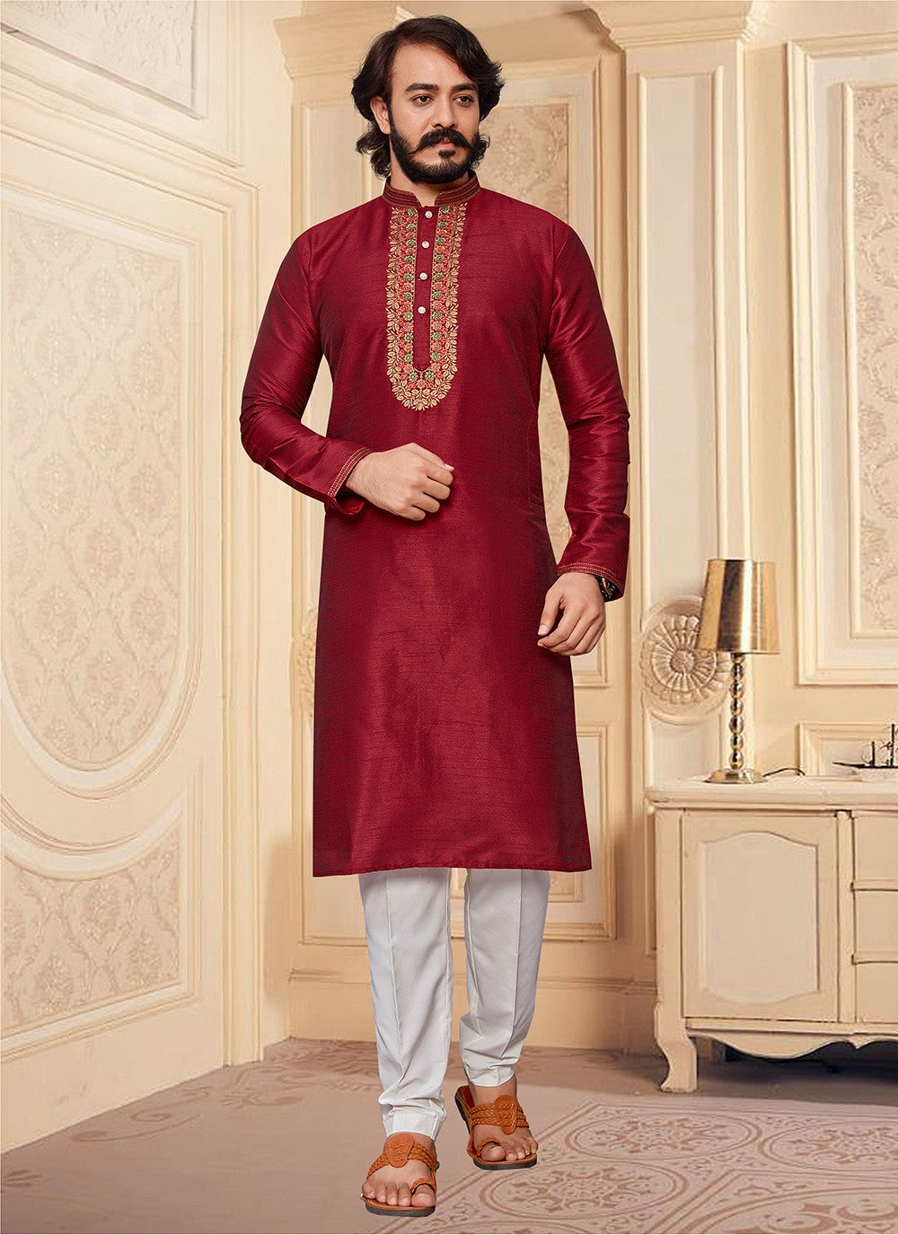 Embroidered Art Silk Maroon Kurta Pyjama - M2054