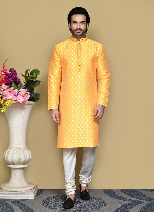 Embroidered Art Silk Yellow Kurta Pyjama - M7830