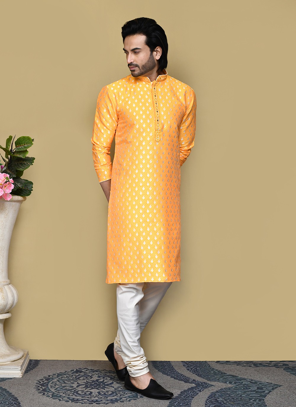 Embroidered Art Silk Yellow Kurta Pyjama - M7830