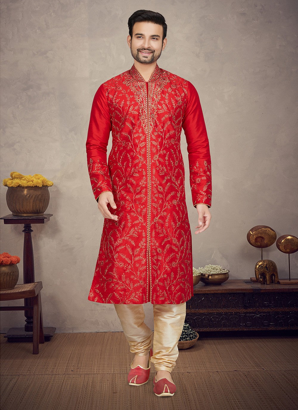 Embroidered Art Silk Maroon Kurta Pyjama - M5865