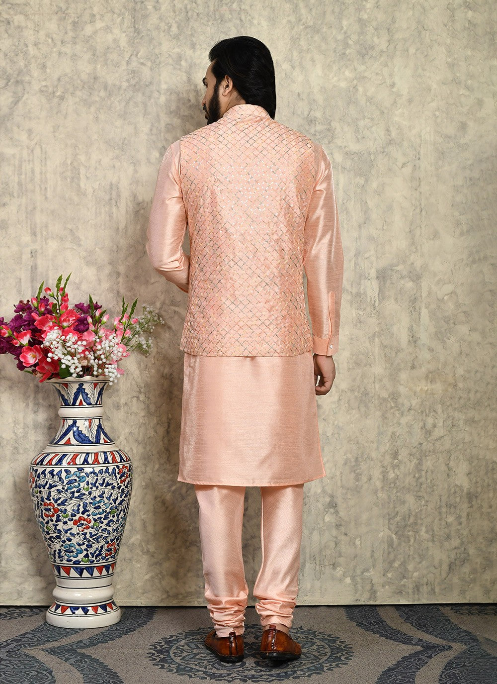 Embroidered Art Silk Peach Kurta Payjama With Jacket - M8003