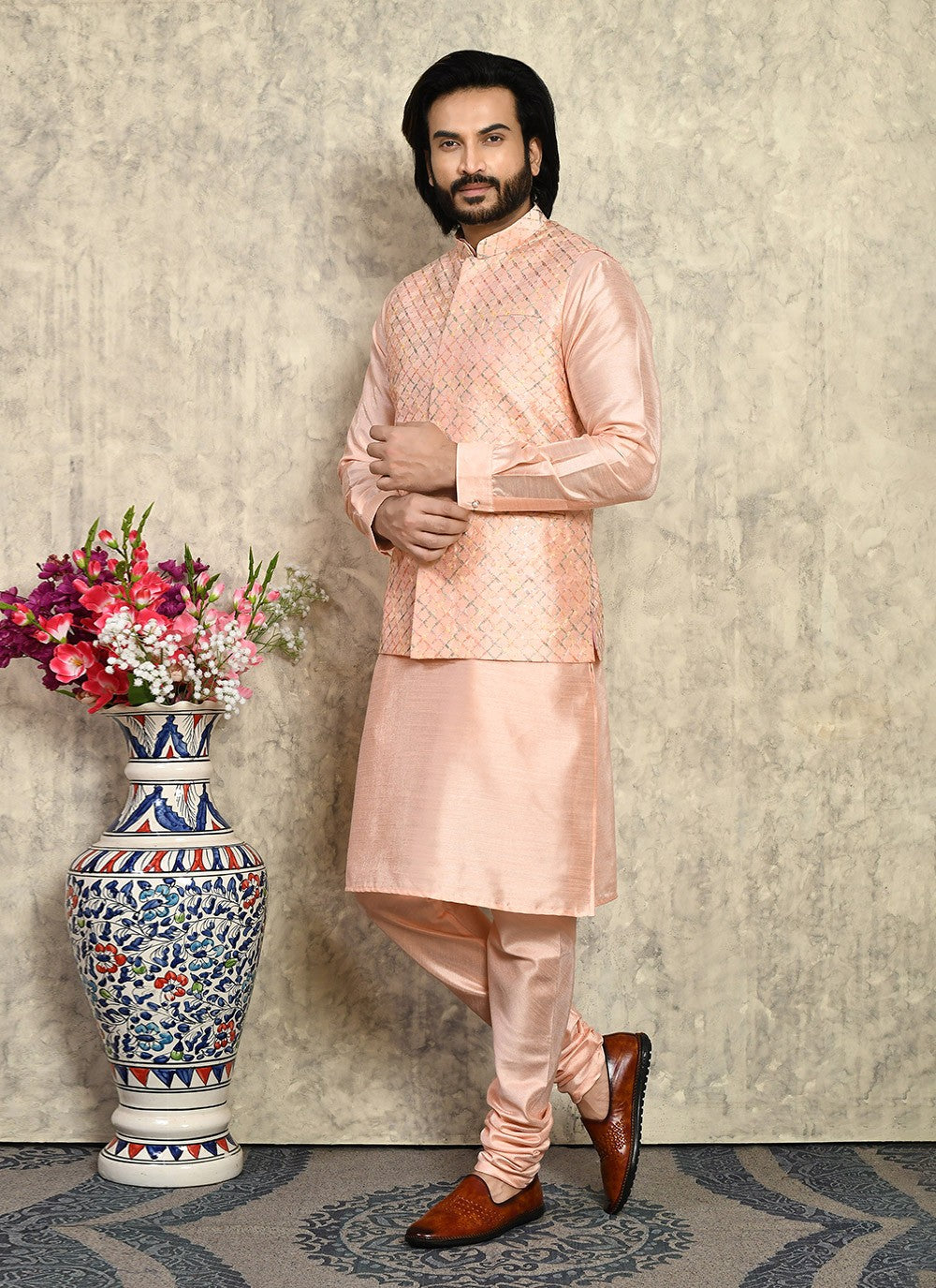 Embroidered Art Silk Peach Kurta Payjama With Jacket - M8003