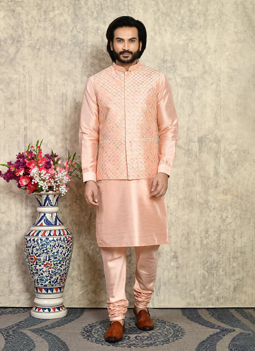 Embroidered Art Silk Peach Kurta Payjama With Jacket - M8003