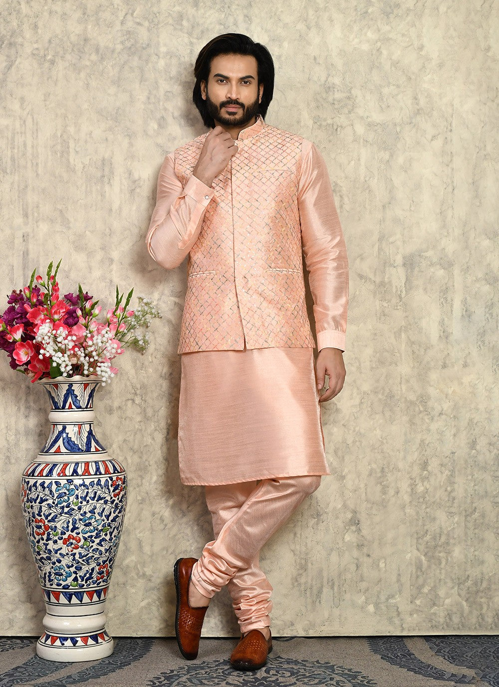 Embroidered Art Silk Peach Kurta Payjama With Jacket - M8003