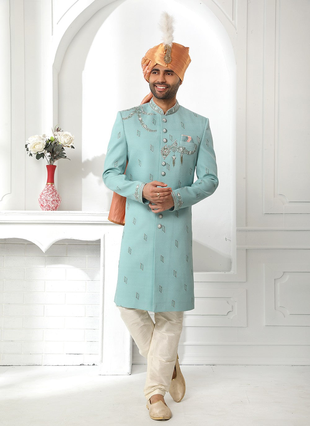 Embroidered Art Silk Teal Sherwani - M4127