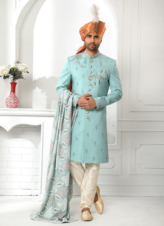 Embroidered Art Silk Teal Sherwani - M4127