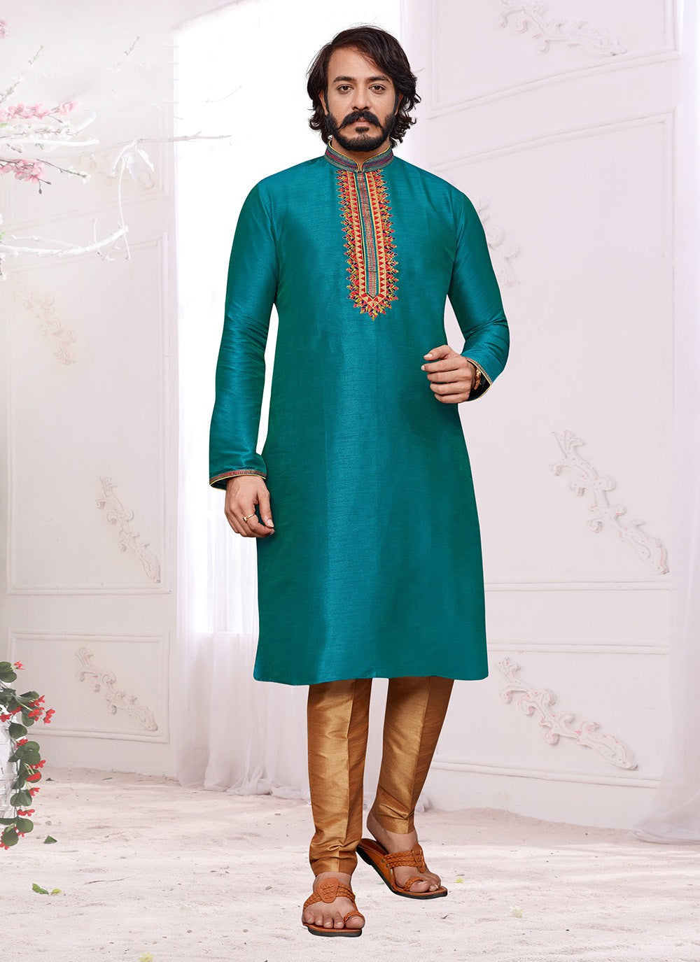 Embroidered Art Silk Teal Kurta Pyjama - M2323