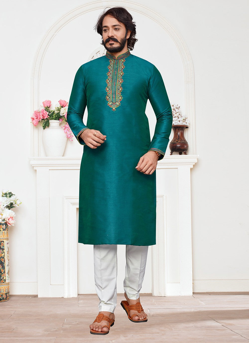 Embroidered Art Silk Teal Kurta Pyjama - M2333