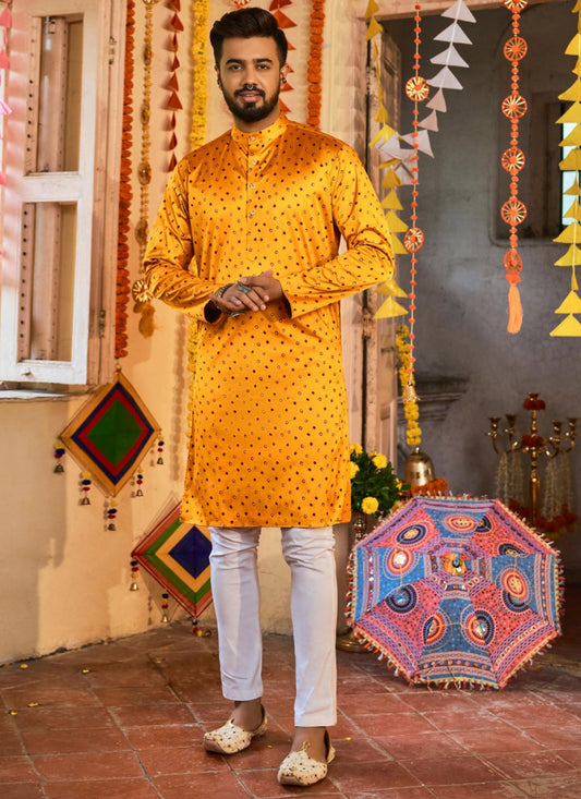 Embroidered Art Silk Yellow Kurta Pyjama - M3851