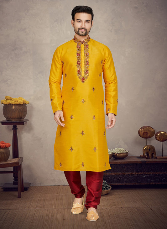 Embroidered Art Silk Yellow Kurta Pyjama - M5876