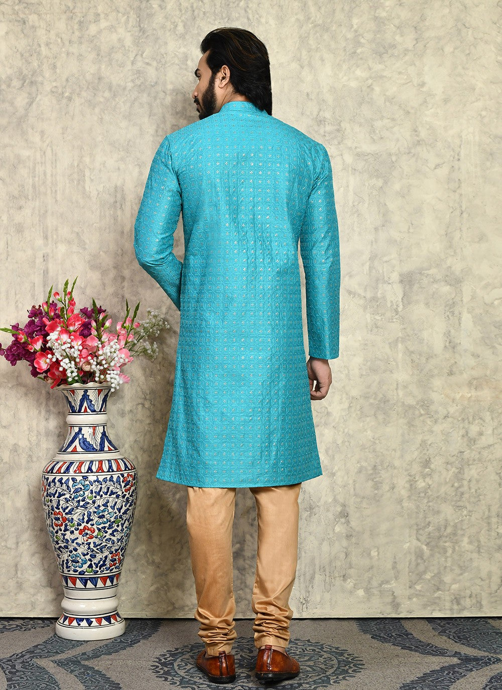 Fancy Work Art Silk Turquoise Kurta Pyjama - M7946