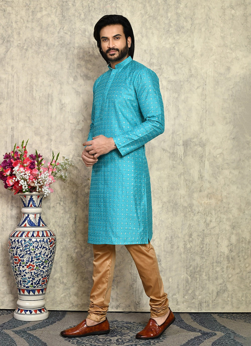 Fancy Work Art Silk Turquoise Kurta Pyjama - M7946