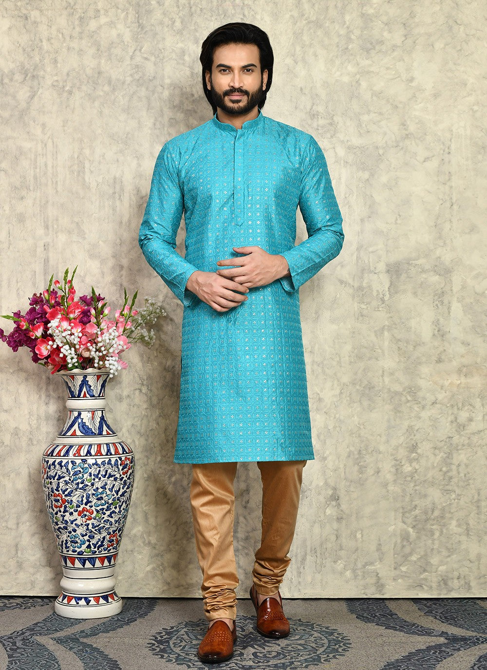 Fancy Work Art Silk Turquoise Kurta Pyjama - M7946