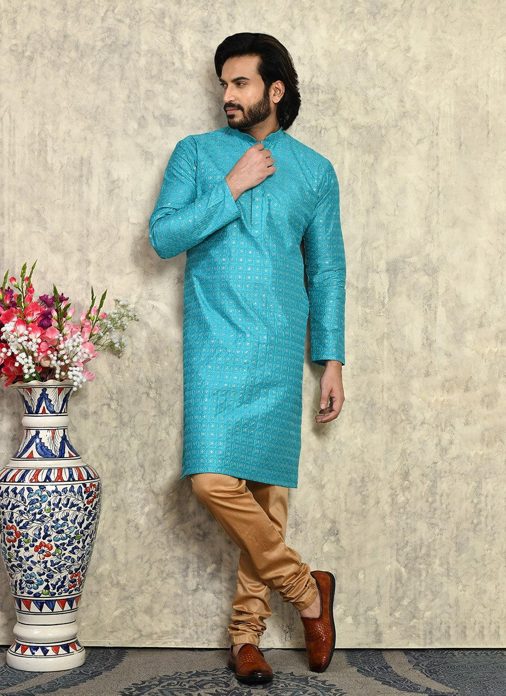 Fancy Work Art Silk Turquoise Kurta Pyjama - M7946