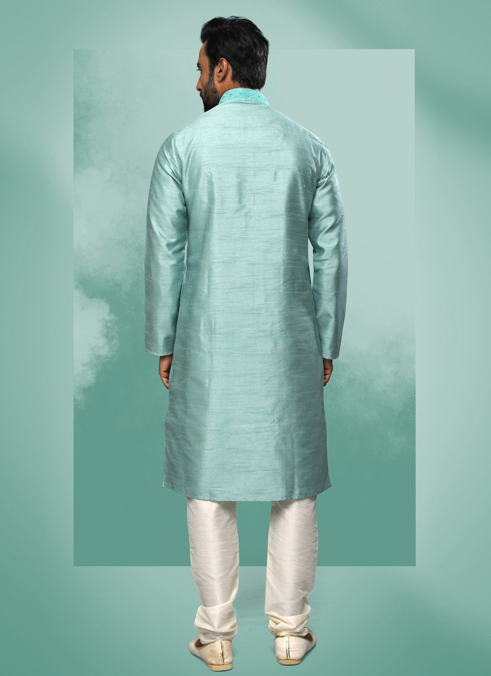 Embroidered Art Silk Firozi Kurta Pyjama - M4361