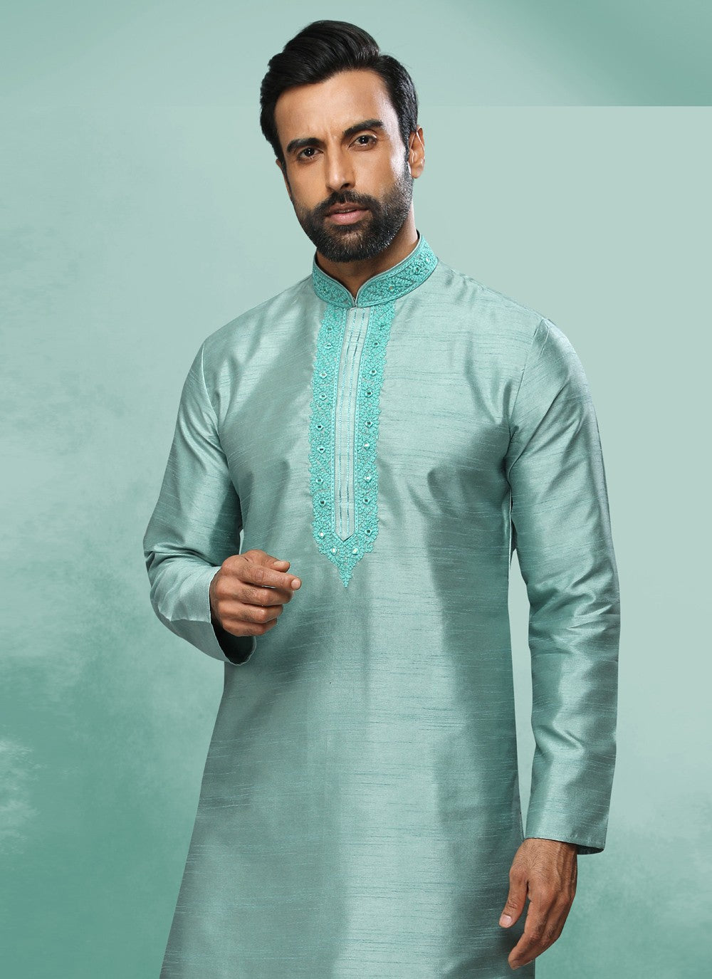 Embroidered Art Silk Firozi Kurta Pyjama - M4361