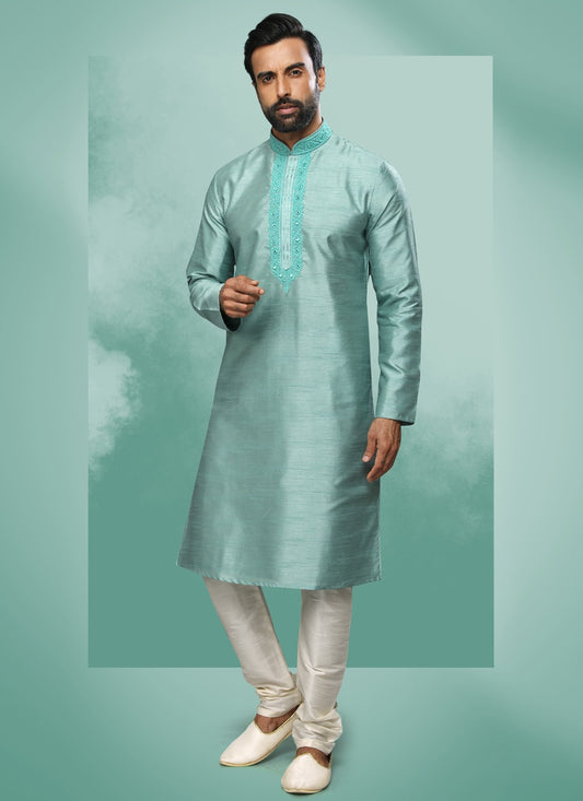 Embroidered Art Silk Firozi Kurta Pyjama - M4361