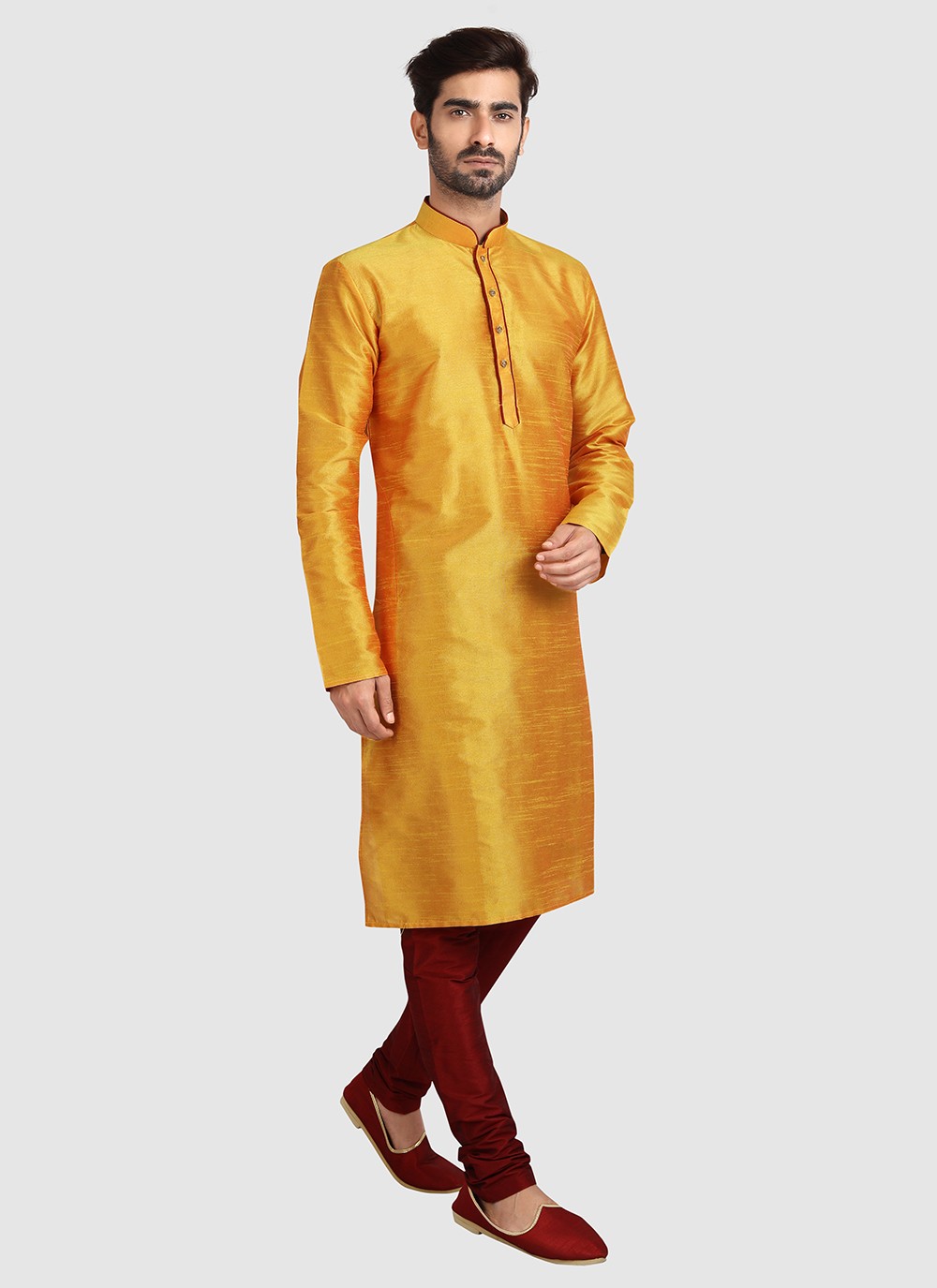 Plain Art Silk Gold Kurta Pyjama - M3421