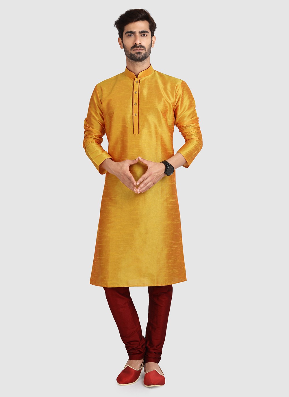 Plain Art Silk Gold Kurta Pyjama - M3421