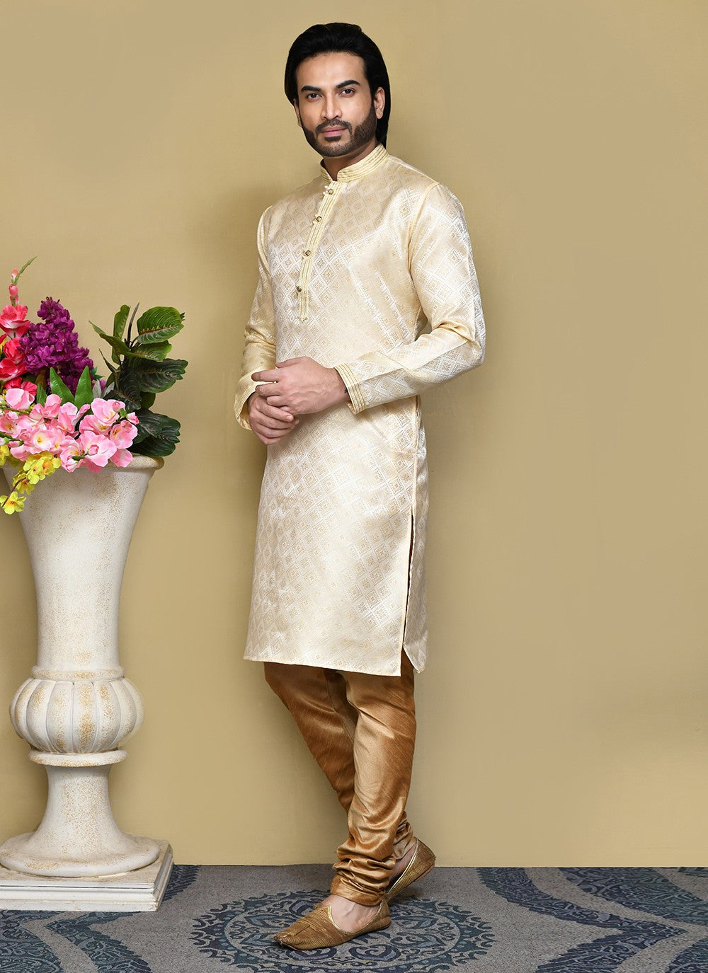 Resham Art Silk Gold Kurta Pyjama - M7854