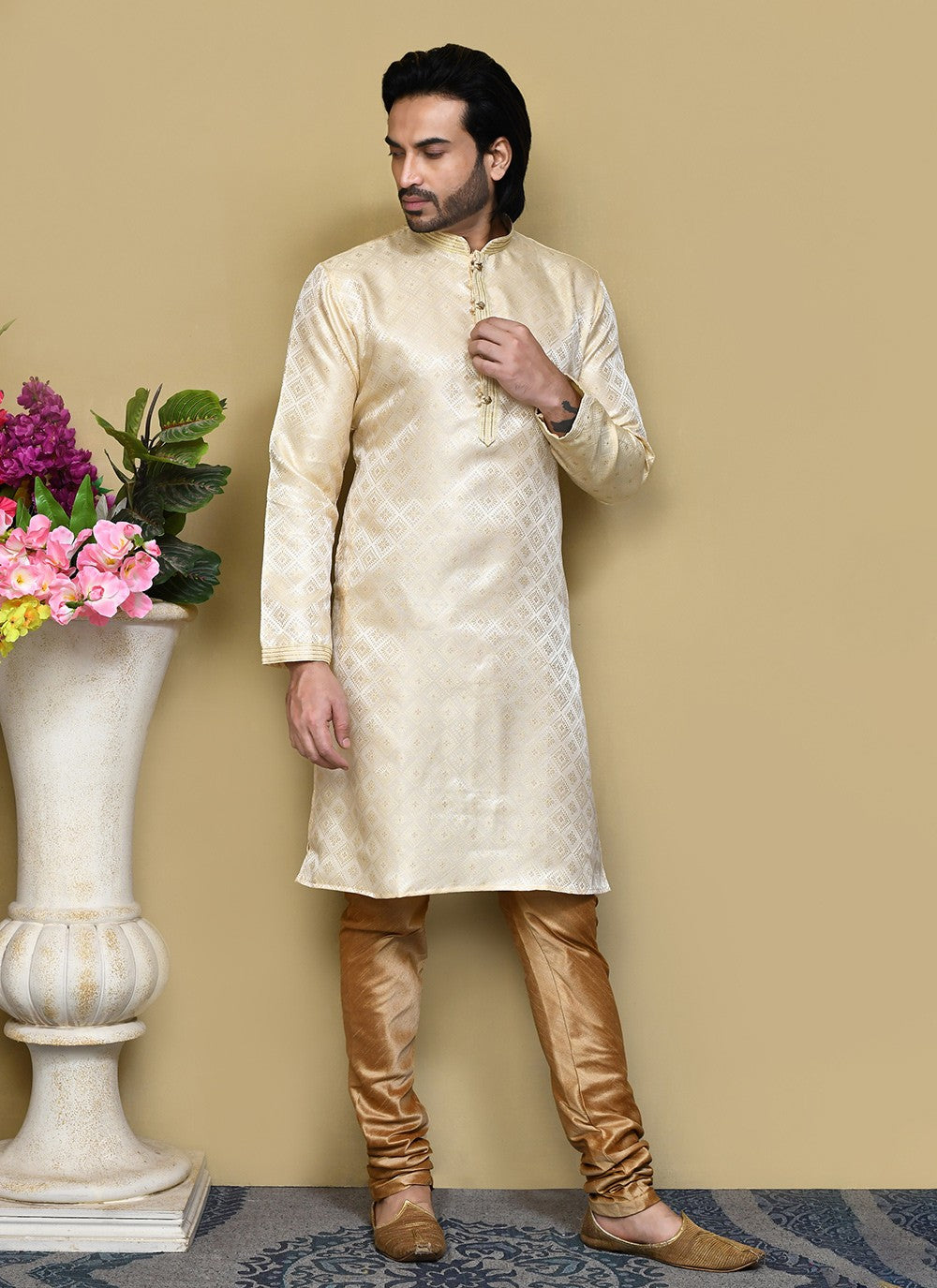 Resham Art Silk Gold Kurta Pyjama - M7854