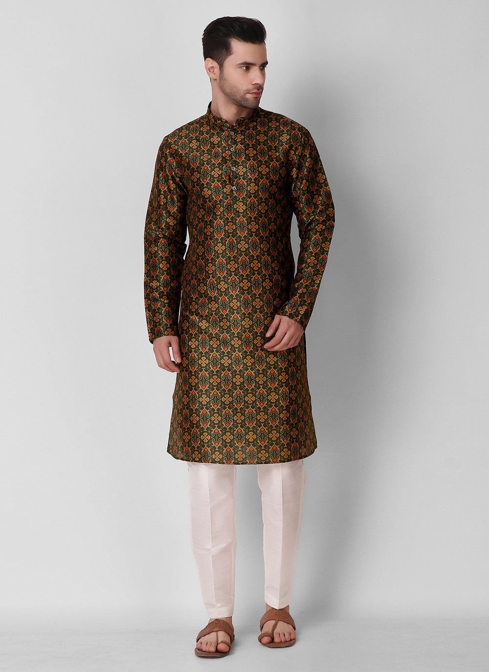 Digital Print Art Silk Green Kurta Pyjama - M3113