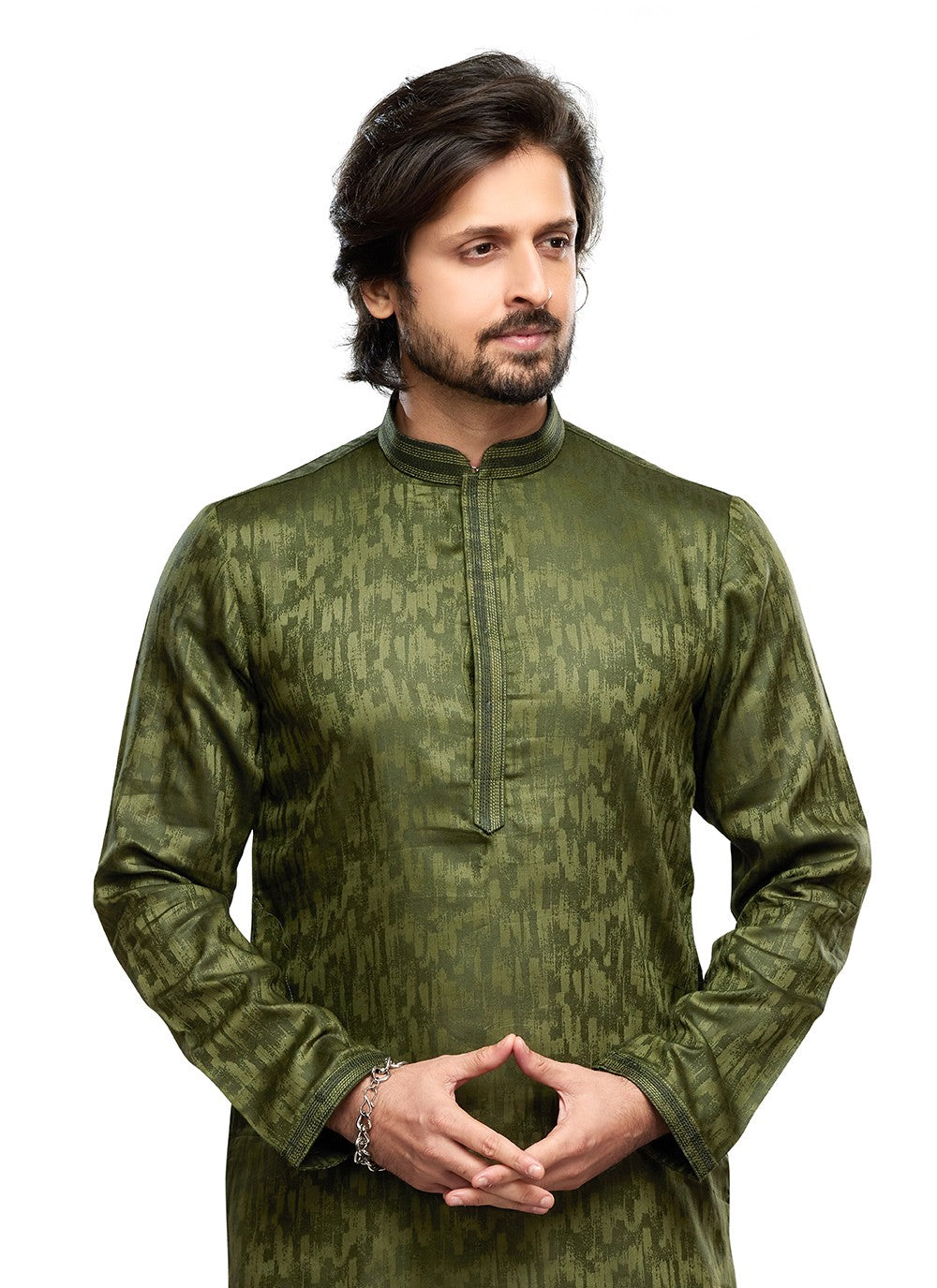 Digital Print Art Silk Green Kurta Pyjama - M6746