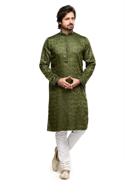 Digital Print Art Silk Green Kurta Pyjama - M6746